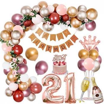 21 Decoraciones Cumpleaños para Mujeres, Globos Metálicos de Rosa Dorado Plateado Happy Birthday Pancarta Foil Globos Número 21 Cake Topper 2 m vid de flores para Decoración Fiesta Cumpleaños