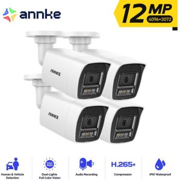 Cámara de Seguridad Exterior 12MP con Visión Nocturna Color, Detección de Movimiento y PoE - Pack de 4