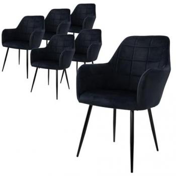 Juego de 6 Sillas de Comedor Negras con Respaldo y Apoyabrazos - Asiento de Terciopelo Tapizado - Estilo Nórdico - Patas de Metal