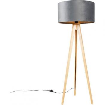 Lámpara de pie tripode clásica de madera con pantalla de tela gris 50 cm