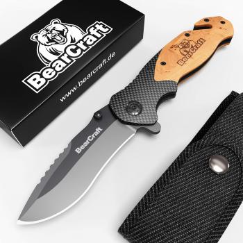 BearCraft Cuchillo Plegable en diseño de Carbono con ** eBook Gratis ** | Cuchillo de Bolsillo de Supervivencia | Cuchillo de Rescate de una Mano con Cortador de Vidrio y Cortador de cinturón