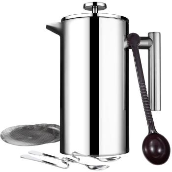 Hommit Cafetera de Acero Inoxidable 1000ml con Cuchara medidora de café, Cafetera francesa de 2 Cucharas de mezcla y 2 Filtros adicionales