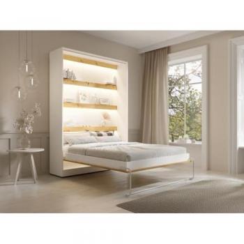 Cama abatible 140 x 200 cm con apertura vertical manual, LEDs y colchón - Blanco y natural - Modelo RAPILI