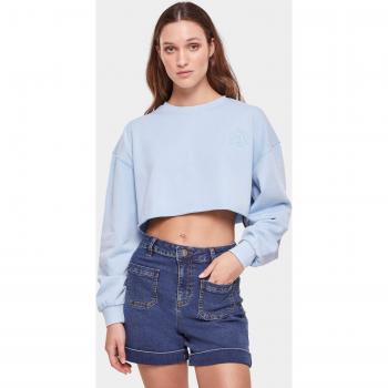 Urban Classics Women's Cropped Flower Embroidery Terry Crewneck Sweatshirt in Baltic Blue 3XL