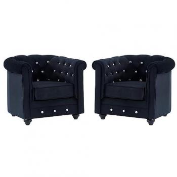 Conjunto de 2 sillones Chesterfield de terciopelo negro con botones efecto cristal y reposabrazos confortables