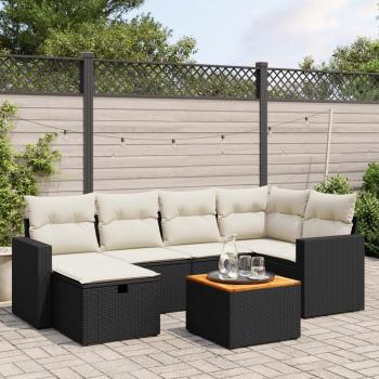 Set de comedor de jardín 7 pzas con cojines en ratán sintético negro