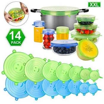 CISHANJIA Tapas de Silicona Elasticas,14pcs Tapas de Silicona Reutilizables Ecológicas,Sin BPA y Reutilizables para Adaptarse a Varios Tamaños y Formas de Contenedores,Seguro para Lavavajillas