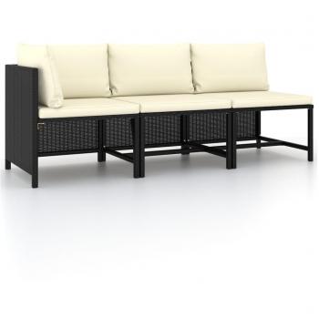 3-Piece Black Poly Rattan Garden Sofa Set with Cushions