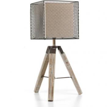 Lámpara de mesa trípode ZAZU de metal y madera con pantalla