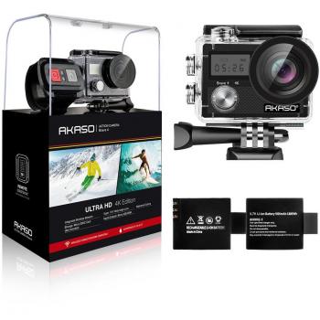AKASO Cámara Deportiva WiFi 4K 20MP 5xZoom Cámara Acuática Sumergible de 30M con Control Remoto Ultra HD Estabilizador 2 Baterías Accesorios Multiples 2'' Pantalla LCD