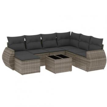 8-Piece Grey Poly Rattan Garden Sofa Set with Cushions