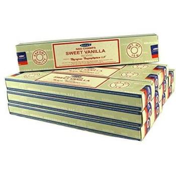 Incienso Natural SATYA - Vainilla Dulce + Quemador + 2 Hierbas Puras de Regalo - Pack de 12 Sticks 15g