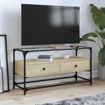 Mueble TV cristal y madera ingeniería roble Sonoma 98x35x51 cm Marrón