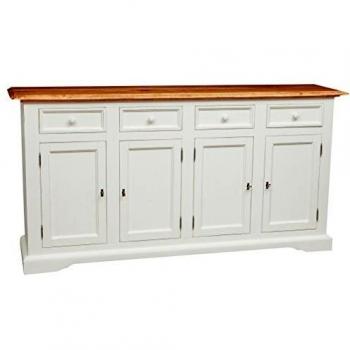 Aparador Country de madera maciza de tilo con estructura blanca envejecida y tope acabado natural L202xPR45xH103 cm
