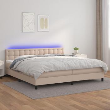 Cama Box Spring con Colchón y LED de Cuero Sintético Cappuccino 200x200cm