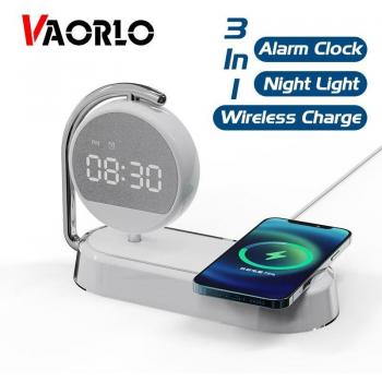 Cargador inalámbrico VOLOR 3 en 1 de carga rápida 15W con despertador y luz nocturna, compatible con carga de 10W para iPhone y Airpods, rotación libre color blanco