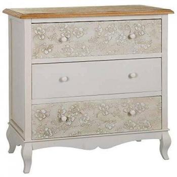 Cómoda Blanca y Natural Shabby Chic de Madera y DM Tallada con Flores, de 80x40x80 cm - LOLAhome