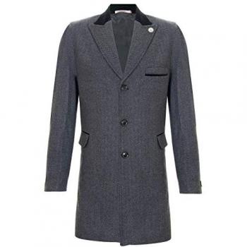 Men's Charcoal Herringbone Tweed 3/4 Long Crombie Overcoat - Peaky Blinder Style, Size 42