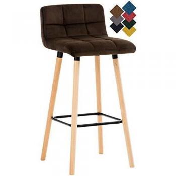 Taburete de Bar Lincoln en Terciopelo Marrón con Respaldo y Reposapiés, Base de Madera, Altura 75 cm