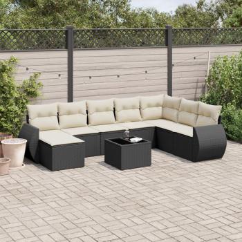 9-Piece Black Poly Rattan Garden Sofa Set with Cushions