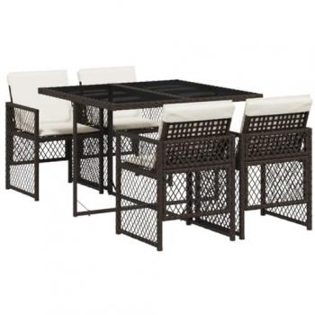 Set de comedor de jardín de 5 piezas con cojines de ratán sintético marrón