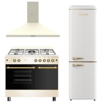 Combo Pack Cocina Gas Crema Rústica 90x60 Portabombona + Campana 90cm + Frigorífico Combi Retro 1,88m Crema