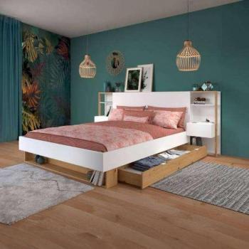 Cama Doble Lampe Pack Con Cajones Bajos Y Cabecero Color Blanco Roble Artesanal 160x200