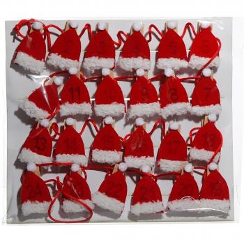 Calendario de Adviento con 24 minipinzas adornadas con gorros de Papá Noel de fieltro, color rojo y blanco, diseño de guirnalda, 180 cm