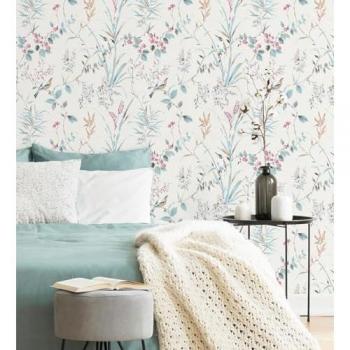 Papel Pintado Vinílico Ecológico Alison Garden 680952 - Rollo de 10 m x 0,53 m con Diseño de Ramas, Flores y Pájaros para Salón, Cocina, Baño, Dormitorio