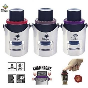 Bar Amigos® Triple Value Set of 3 Champagne Pressure Stopper Conjunto de 3 – De Cava Tapón de presión para botellas de champán y Espumosos Con la tecnología patentada Y Fecha Interruptor Recordatorio To Keep Your Bottle of Sparkling Wine Fresh – 