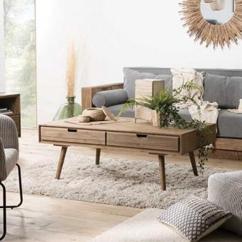 Mesa de centro rectangular escandinava de madera de abeto reciclada con 4 cajones y metal blanco - MACABANE