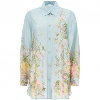 Zimmermann Women's Floral Print Silk Shirt in Clear Blue | Size 1 | 9923TSS243BUF