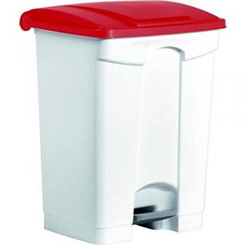 Contenedor de Basura con Pedal Helit 70L, Plástico Blanco con Tapa Roja, Dimensiones 500x670x410 mm