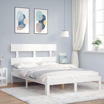 Cama de matrimonio pequeña con cabecero blanco de madera maciza y estructura de lana redonda