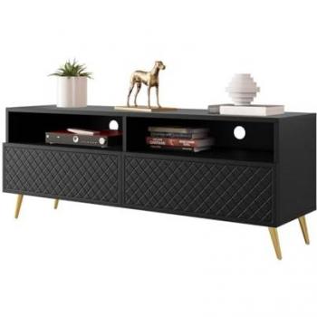 Mueble TV Comfivo K105, Negro, 150 x 57 x 42 cm, con patas de metal doradas y sistema de apertura a gas