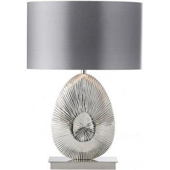 Lámpara de mesa Simeto en níquel pulido con pantalla de satén sintético gris cálido, E27