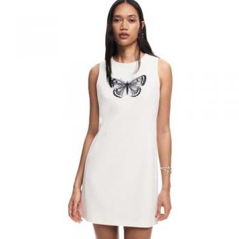 Desigual - Vestido corto sin mangas mariposa, color blanco, talla S