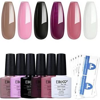 Elite99 Esmaltes Semipermanentes de Uñas en Gel UV LED, 6pcs Kit de Esmaltes de Uñas en Gel Soak Off Negro Blanco Rosa Pintauñas Semipermanentes esmaltes permanentes para uñas 001