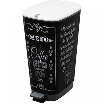 Cubo de Basura con Pedal KIS CHIC Coffee Motif Negro 50 L, capacidad de 50 litros, diseño decorativo con motivo de café, tapa y aro para bolsa, pedal antideslizante