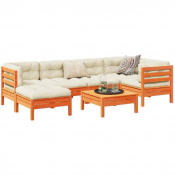 7-Piece Wax Brown Solid Pine Garden Sofa Set with Cushions