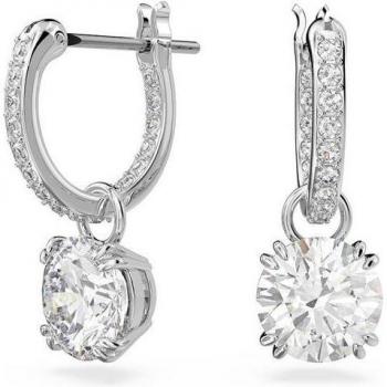 Swarovski Constella Silver Huggie Hoop Earrings - Women's Hoop Earrings, Drop Round Cut White Rhodium Plated, 5636717, Base Metal, Silver, from the Constella Collection