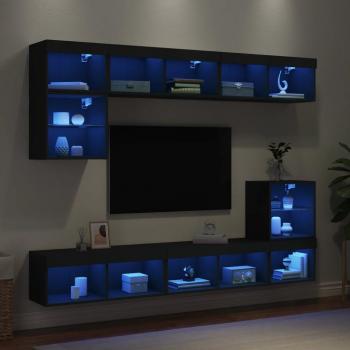 Mueble de TV de Pared 8 Piezas con LED, Color Negro, Madera Ingenierizada
