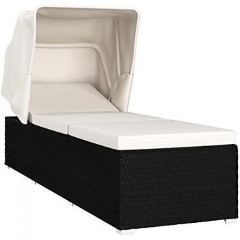 Cream White Poly Rattan Sun Lounger with Canopy and Cushion