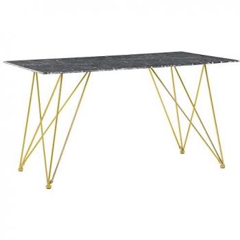 Mesa de Comedor Efecto Mármol Negro con Tapa de Vidrio Templado Dorado y Patas Metálicas 140 x 80 cm Kenton