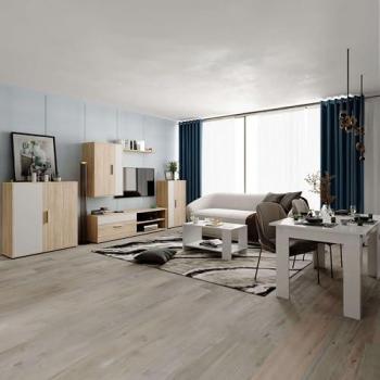 Pack Muebles de Salón Completo Last Color Blanco y Roble Sonoma con Mueble TV, 2 Módulos, Estantería, Aparador, Mesa Centro y Mesa Comedor