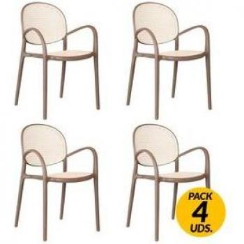 Pack de 4 sillas multiusos Masía diseño vintage con reposabrazos marrón