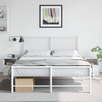 Juego de dormitorio en acero blanco con cama de cabecera y 2 mesitas de noche, dimensiones 34,5x39x44 cm