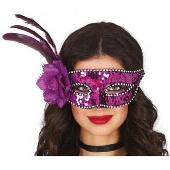 Antifaz de Lentejuelas Morado con Pluma para Adulto