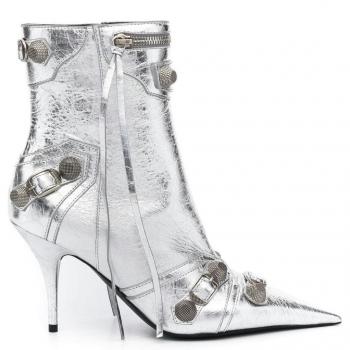 Balenciaga Women's Le Cagole Leather Boots in Silver, Size 36, 694379WBDK38018, Heeled Boots, Gray, Size: 6 US Silver Metallic Ankle Boots