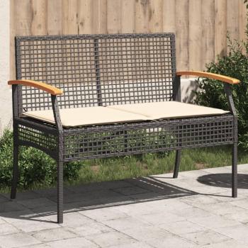 Black Poly Rattan Acacia Wood Garden Bench with Cushion
